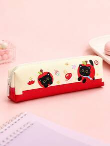 Trousse à crayons en PU Chat Pomme mignon, sac de rangement de papeterie léger avec fermeture éclair pour étudiants, pochette à crayons imprimée chat noir de dessin animé japonais, 4 styles envoyés aléatoirement 1, sac de rangement pour l'école et le bureau - Chaton Pomme (un des quatre modèles sera sélectionné au hasard) - Voir 8