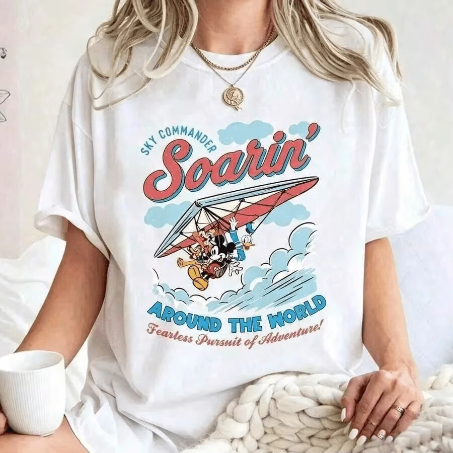Camiseta Casual con Estampado de Dibujos Viaje Aéreo Manga Corta Cuello Redondo Estilo Retro Vintage Juvenil Moda Streetwear Y2K Chica - Blanco - Ver 1