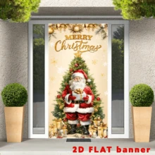 2D Flag Christmas-Themed Banner Background, Santa Claus Standing In Front Of The Decorated Christmas Tree, With Elements Of Golden Decorative Balls And Gift Boxes, No Power Supply Required - 1 - View 3