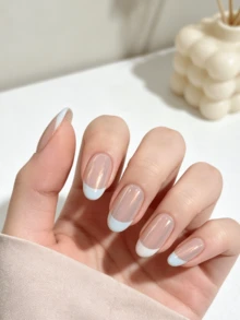 nailrosy 10件裝白色杏仁形法式美甲貼片 | 短杏仁形可重複使用假指甲 | 優雅極簡手工壓克力美甲套組 | 婚禮美甲 | 可愛美甲 | 送給女性的禮物，日常必備美甲，夏季 7 月 4 日婚禮畢業舞會水鑽美甲 - 杏色 - 查看 2