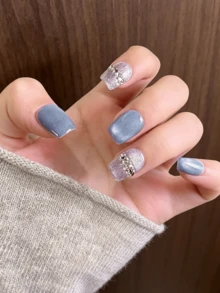 10pcs Short Square False Nails, Ice Blue Cat Eye & Silver Glitter Dual Color, Vertical Texture & Rhinestone Chain Trim, Minimalist Cold Elegant Style, 100% Handmade Press-On Acrylic Nails, Reusable, Includes Jelly Glue, Nail Tips & Nail File, Suitable For Women's Daily Wear - Multicolor - View 6