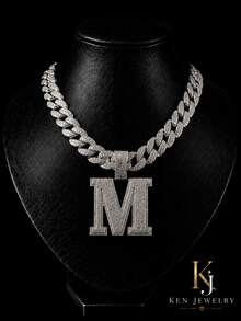 Rhinestone Large Letter M Pendant Cuban Chain, Men's Hip Hop Shiny Diamond Necklace Jewelry - M Pendant Necklace - View 10