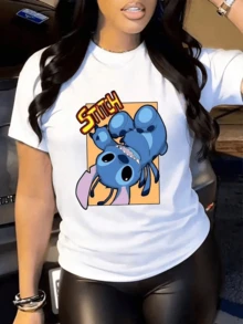 Playera Estampada con Diseño de Alieno Caricatura Manga Corta Cuello Redondo Moda Juvenil Estilo Japonés Kawaii Urbano Retro Chica Ropa de Mujer - Blanco - Ver 1