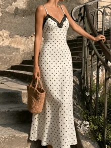 2026 Spring/Summer Fashion : One Polka Dot & Lace Patchwork Spaghetti Strap Versatile Dress Party White Elegant - White - View 1