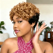 Short Pixie Cut Human Hair Wigs Two Tone Ombre Curly Wigs For Women, Full Machine Made Short Hair Wig Daily Wear - Multicolor - View 6