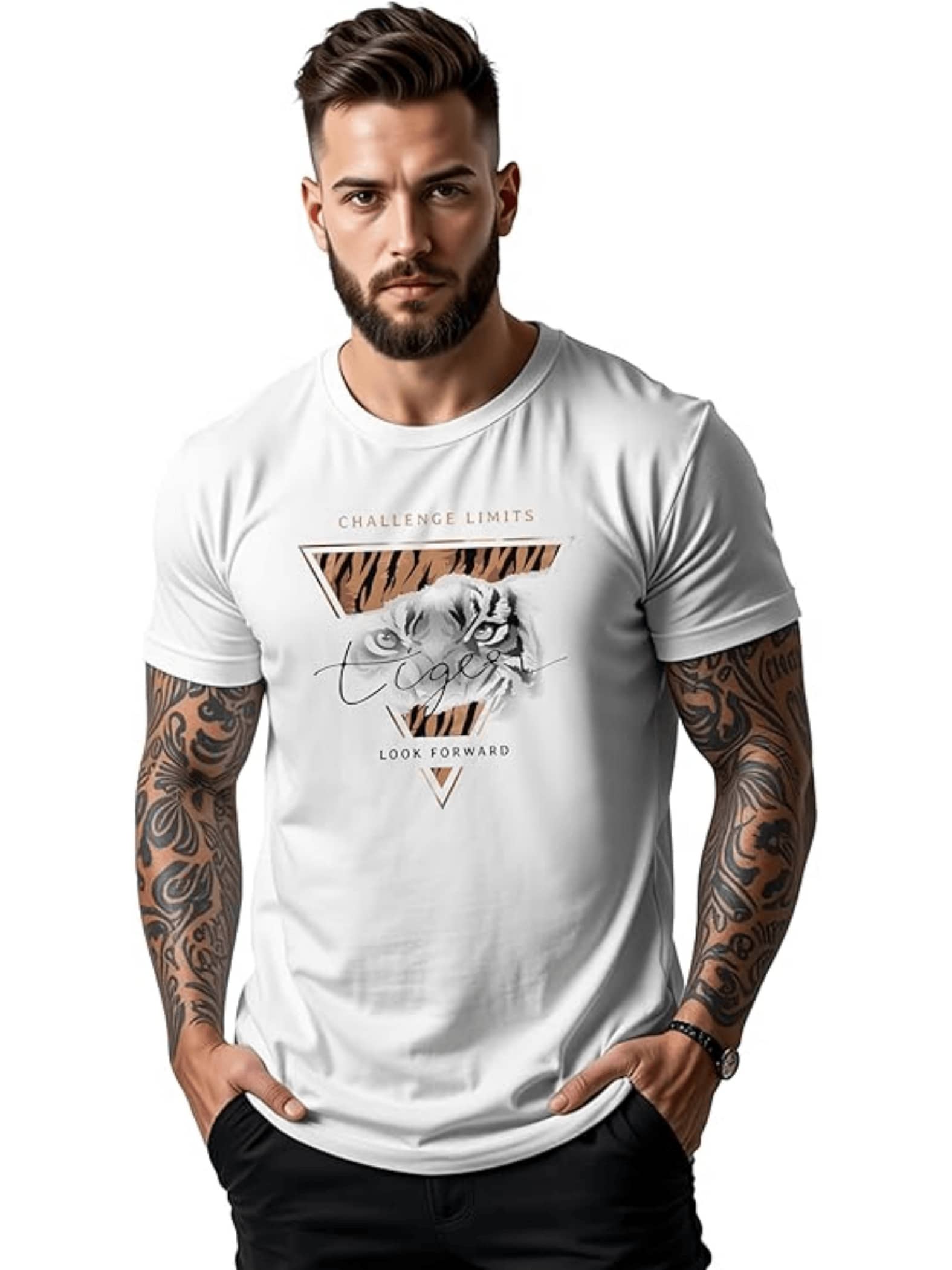 Tigre simboliza fuerza determinación y mente valiente con mensaje que inspira superar límites camiseta de hombre moderna cómoda para diario - Blanco - Ver 1