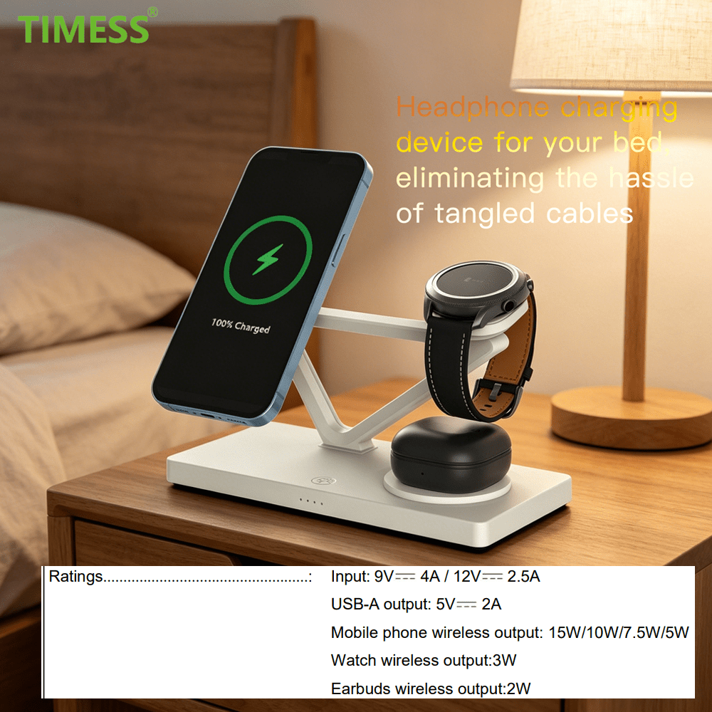 Estación de Carga Inalámbrica 5-en-1 TIMESS, Soporte de Carga Magnética Rápida de 15W, Compatible con Teléfono Serie 17 16 15 14 13 12, Reloj Inteligente, Auriculares Pro 4 3 2, Blanco