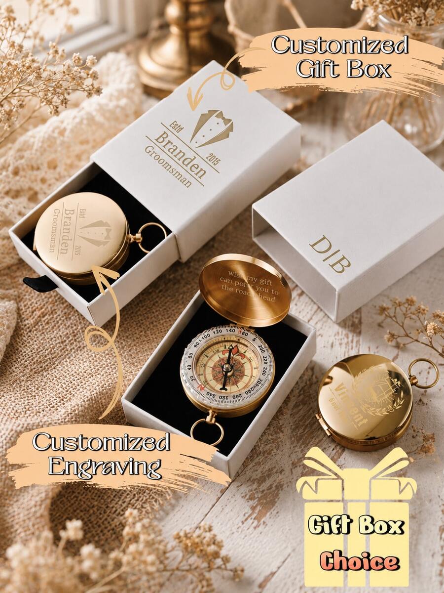 Personalized Engraved Compass With Custom Name, Best Man Proposal Gift, Groomsmen Wedding Favor, Customizable Compass With Engraved Wooden Gift Box. - Multicolor Compass - View 1