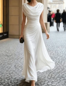Spring And Autumn Women's Folded Ribbon Sparkling Evening DressLoose And Comfortable - White 2 - View 10