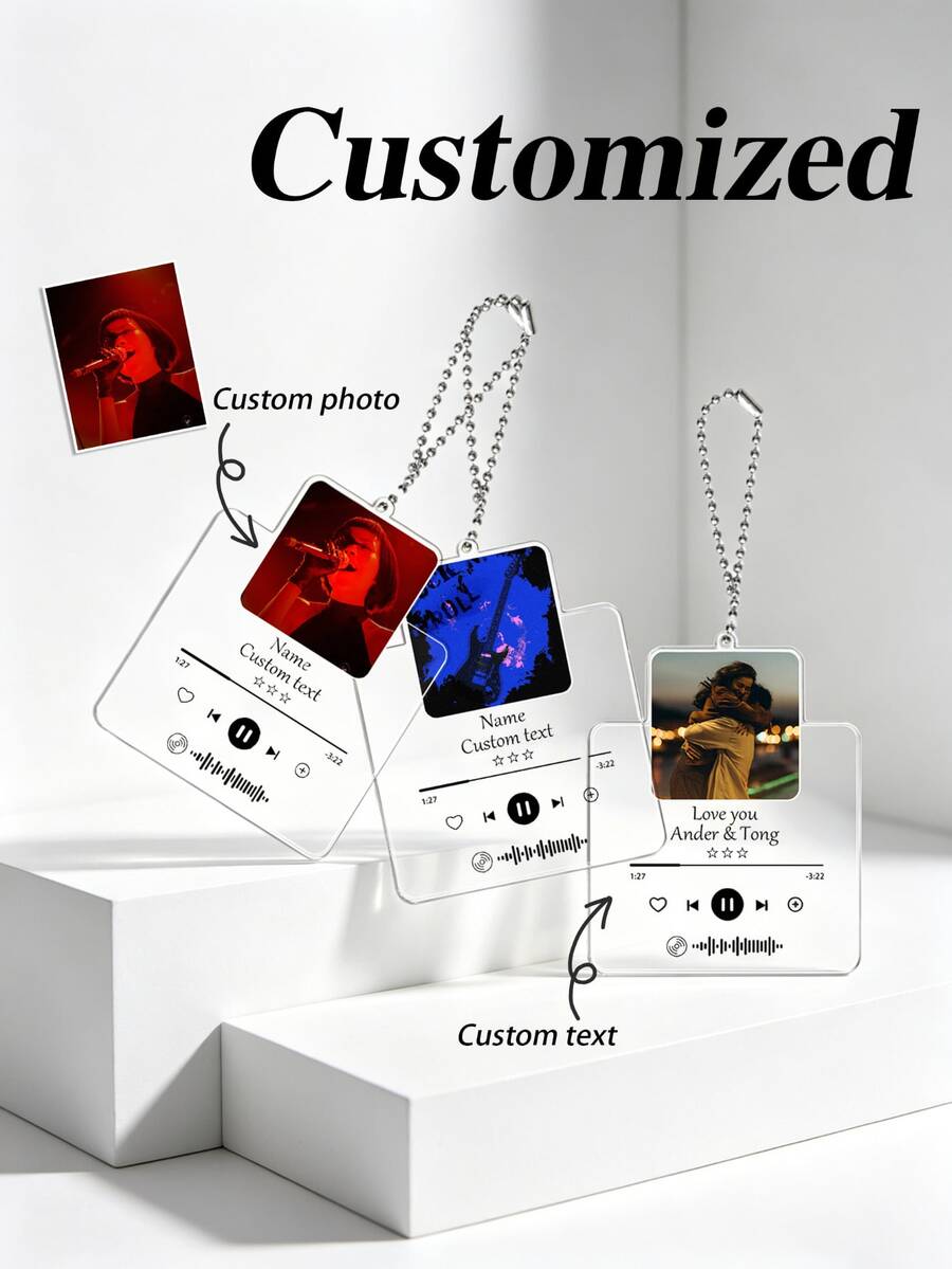 1pc Customizable Music Player Keychain Couple Photo Valentine's Day Gift Your Photo Customizable Photo Gift For Loved Ones Personalized Name Keychain Suitable For All Seasons Valentine's Day Commemorative Keychain Key Ring - Multicolor - View 1