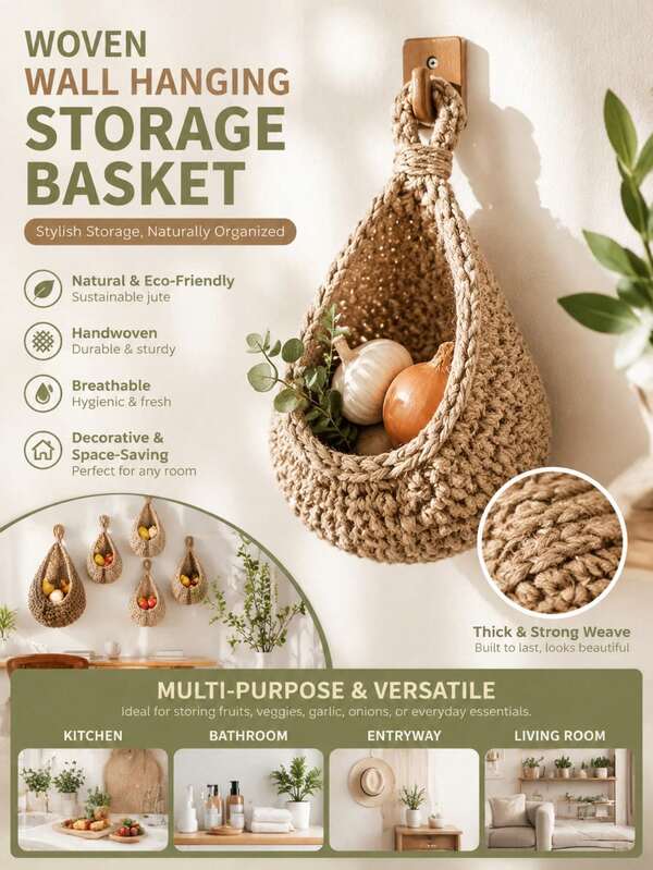 Handwoven Boho Style Wall Hanging Basket, Made Of High-Quality Linen Material, Hand-Hooked Texture, With Hanging Loop, Breathable And Durable, Suitable For Storing Fruits, Vegetables, Garlic And Onions, Great For Kitchen And Home Wall Decor