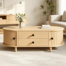 Table basse ronde avec portes enroulables, table basse à 2 tiroirs, table d'appoint, table de salon en MDF, console avec pieds en bois massif, 100 * 50 * 36 cm, charge maximale 50 kg - Bois naturel - Voir 6