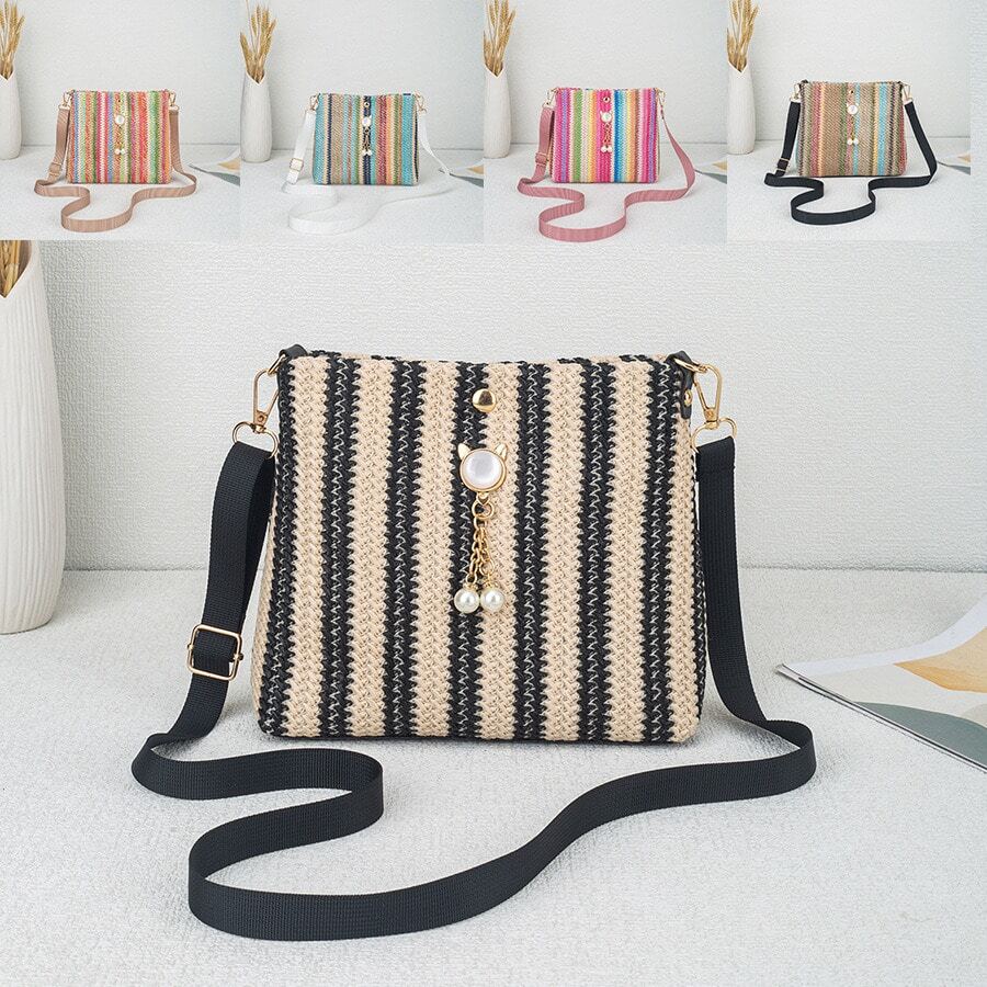 2026 New Fashion Japanese Style Cat Head Pearl Pendant Shoulder Bag, Fresh Sweet Rainbow Woven Crossbody Bag - Multicolor - View 1
