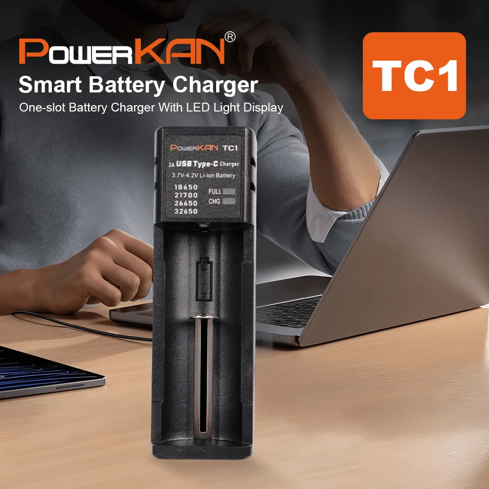 شاحن سريع POWERKAN TC1 18650: فتحة واحدة، طاقة 2A Type-C – اشحن بطارية مصباحك في وقت قصير. الخيار الاحترافي لإعادة