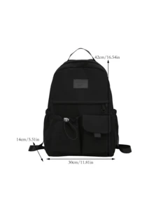 Pure Black Casual Backpack, Waterproof Nylon Fabric, Side Drawstring Pocket, Minimalist Style, Suitable For Teenagers Travel And Daily Use - Black - View 8