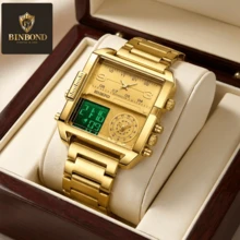 BINBOND 1PC Men's Luxury Gold Stainless Steel Strap Luminous Water-Resistant Square Shape Multi-Functional Quartz Watch For Business Gifts Souvenir - Multicolor - View 12