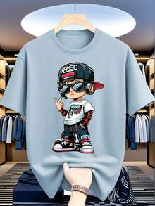 Short-Sleeved T-Shirt With Round Neck And Casual Print For Pre-Teen Boys, Summer Top - Hijau Tentara - View 1
