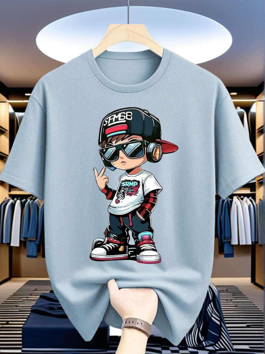 Short-Sleeved T-Shirt With Round Neck And Casual Print For Pre-Teen Boys, Summer Top - Hijau Tentara - View 1