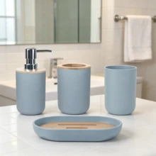 1pc, 4pcs, 6pcs Light Blue Bamboo Lid Bathroom Accessories, Including - Trash Can, Toilet Brush, Soap Dispenser, Toothbrush Holder, Toothbrush Rack, Soap Dish, Suitable For - Bathroom, Apartment, Rental Home - Multicolor - View 7