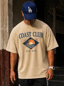 FRACTYR 男士休闲街头美式风格 COAST CLUB 日落印花宽松圆领T恤，舒适透气，适合户外穿着，纯色休闲上衣，复古风格上衣，柔软亲肤 - 杏色 - 查看 1