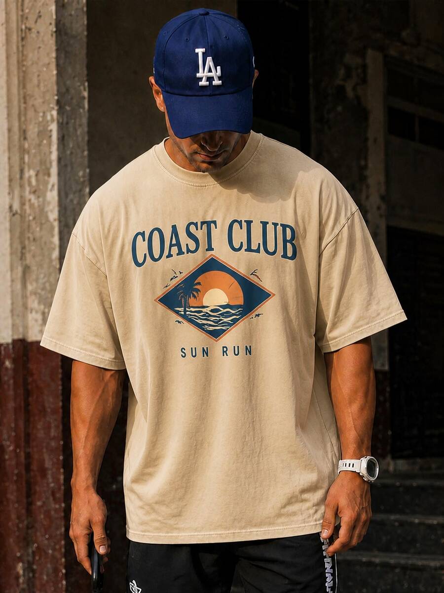 FRACTYR 男士休闲街头美式风格 COAST CLUB 日落印花宽松圆领T恤,舒适透气,适合户外穿着,纯色休闲上衣,复古风格上衣,柔软亲肤 - 杏色 - 查看 1