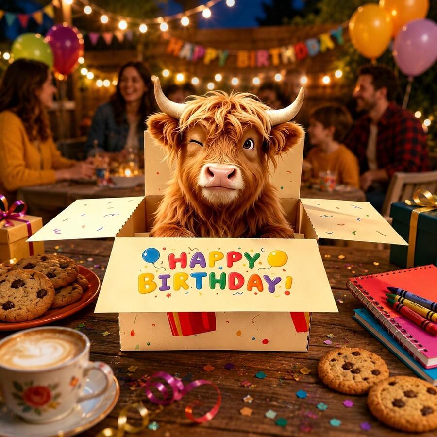 4件/2件趣味生日立體卡片禮盒，適合她/他，裝飾盒附幽默高地牛圖案，背面附書寫空間，趣味生日賀卡，送給家人與朋友的完美生日禮物 - 查看 1