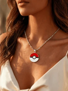Miniso Pokemon Pokeball Pendant Necklace Silver Tone Beaded Chain 1Pc Sparkly Cute Lightweight Comfortable For Women Daily Cosplay Gift - Style1 - View 4