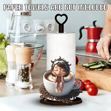 A Wooden Tissue Box With "Lazy Coffee Girl" Pattern, Featuring A Space-Saving Design Construction. Suitable For Vertical Storage In Kitchen, Bedroom, Living Room And Bathroom. It's A Fun Gift - Multicolor - View 1
