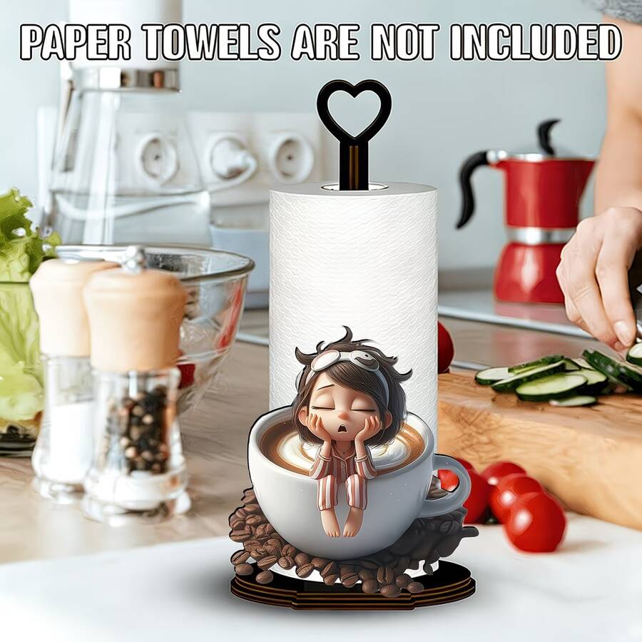 A Wooden Tissue Box With "Lazy Coffee Girl" Pattern, Featuring A Space-Saving Design Construction. Suitable For Vertical Storage In Kitchen, Bedroom, Living Room And Bathroom. It's A Fun Gift - Multicolor - View 1