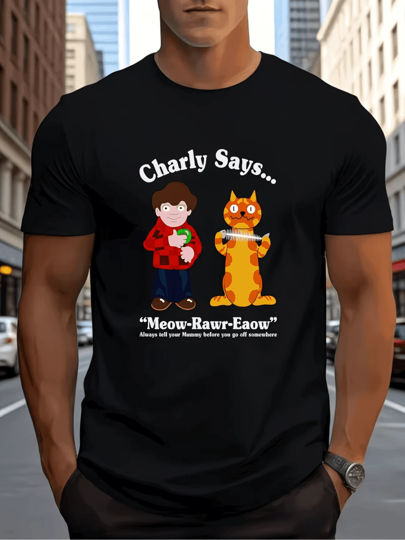 Un dibujo divertido de un gato naranja junto a un hombre con camisa roja que ense?a un mensaje positivo de comunicación camiseta de hombre moderna y casual - Negro - Ver 1