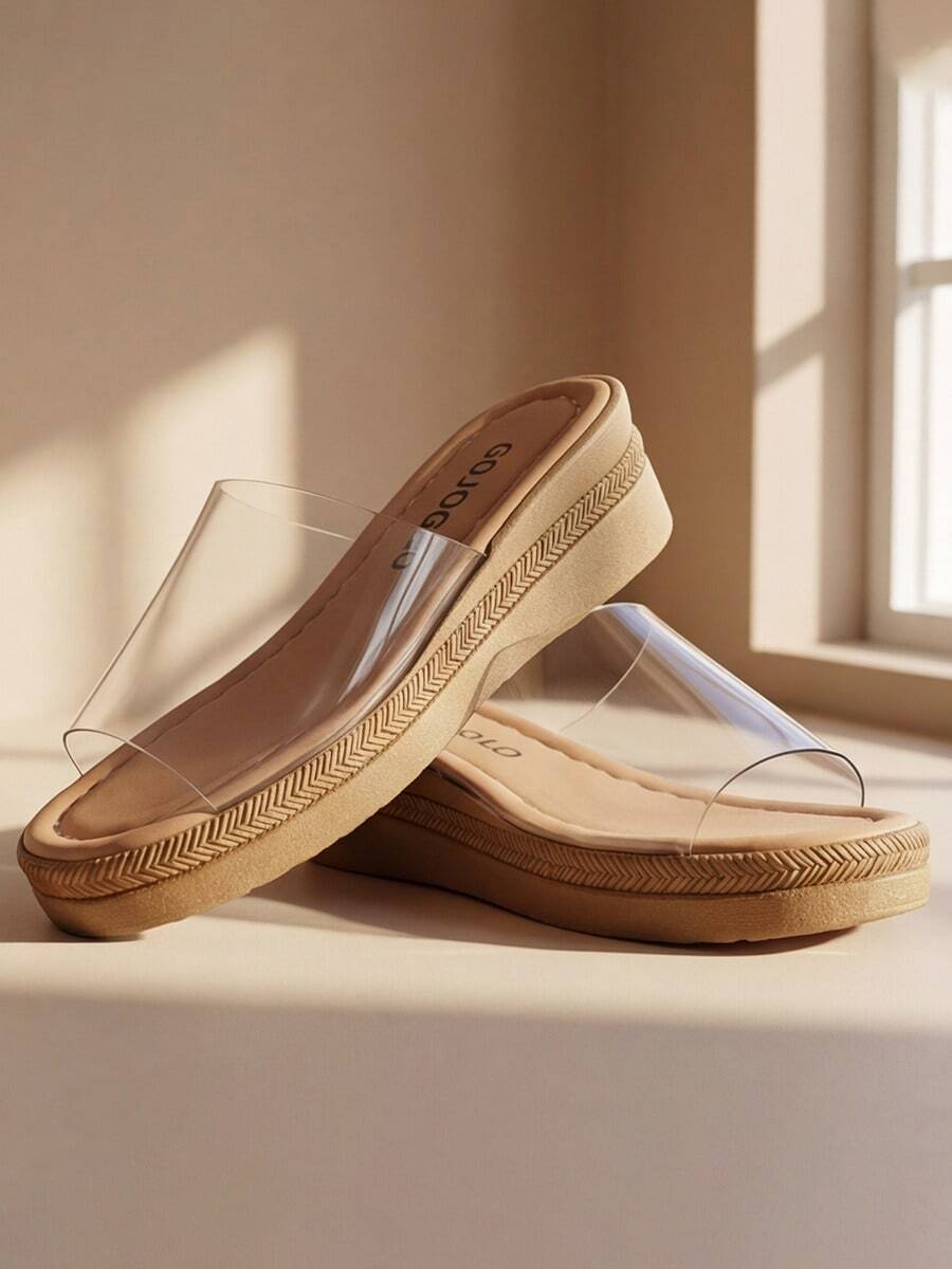 GirlsClear PVC Platform Slide Sandals [Transparent Wide Strap Wedge Chunky Sole Non-Slip Breathable]Kids Summer Beach Pool House Outdoor Slippers - Clear - View 1