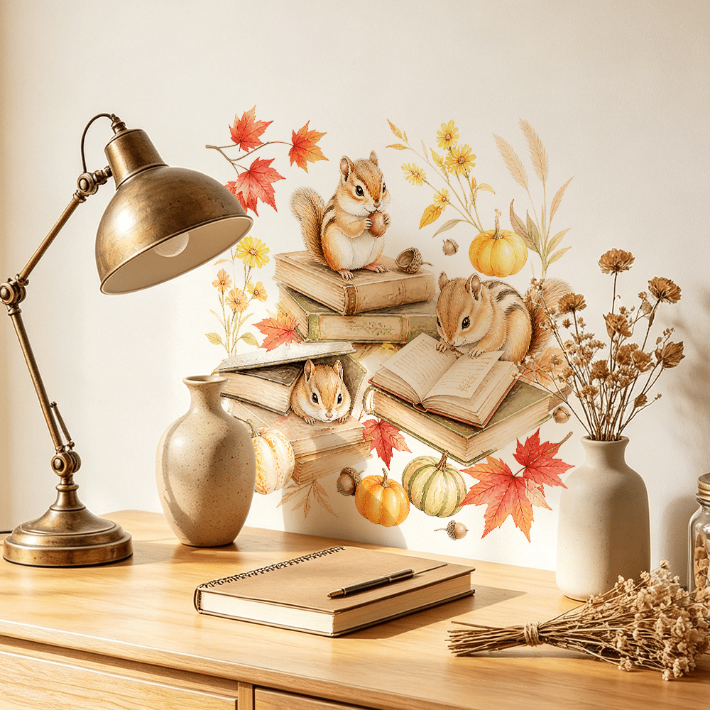 1/4pcs Autumn Forest Animal Reading Wall Stickers Featuring Maple Leaves, Pumpkins, And Wildflowers. Removable Self-Adhesive Paper, Suitable For Reading Corners In Studies And Offices. - Wall Stickers - View 4