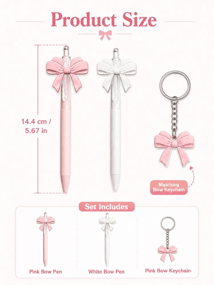 20/6/3/1件組 粉色白色蝴蝶結可愛筆與吊飾鑰匙圈套組，Coquette Kawaii 風格高級塑料圓筒伸縮順滑書寫筆，筆記記錄用包包掛飾裝飾，女孩大學開學禮物，學校用品桌面配件 - 多款式 - 查看 7