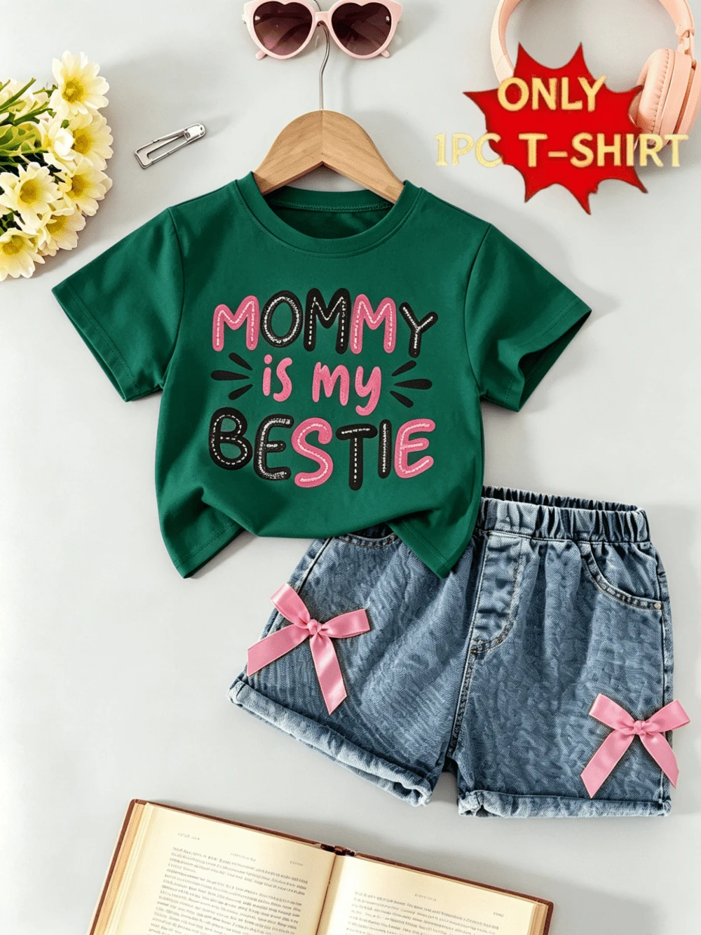 Children's Clothing For Ages 8-10, Girls' Clothing For Ages 11-14, Offers On Clothing For Teenagers, Children's Clothing For Ages 6-11, Short-Sleeved Blouse Set With Letter Print - 綠色 - 查看 1