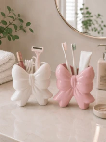 1/2 piezas Juego de organizador de baño con forma de lazo, tazas de almacenamiento multiusos para el mostrador del tocador, almacenamiento de maquinillas de afeitar y accesorios, decoración y accesorios de baño, decoración del hogar minimalista y linda - B - Ver 6