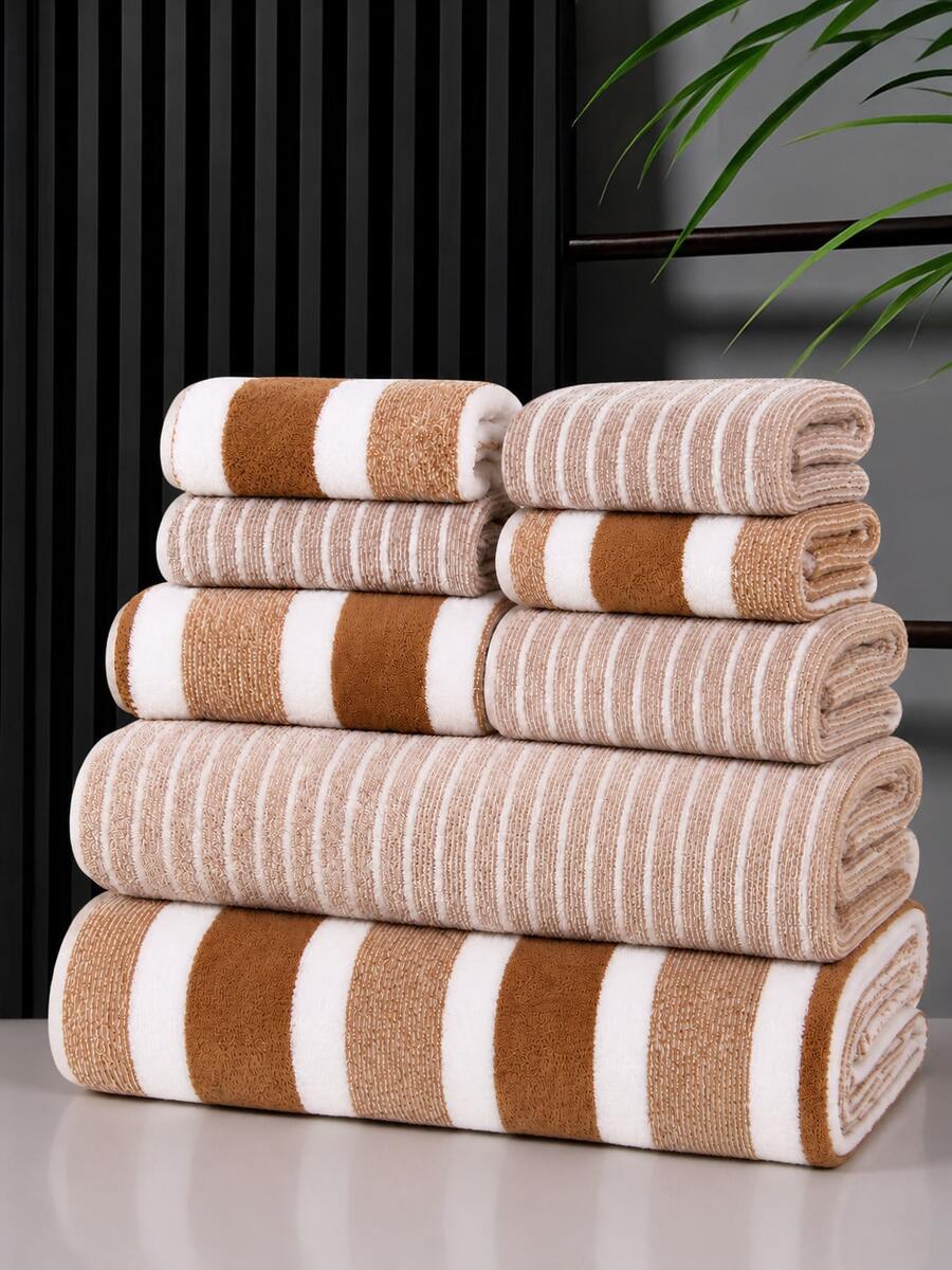 1 Set 8pcs Striped Soft Absorbent Quick-Dry Bathroom Towel Set - Multicolor - View 1