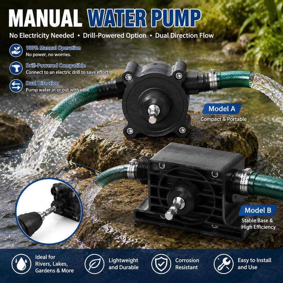 Manual Water Pump Drill-Driven Portable Dual-Use Hand Pump Set | No Electricity Required, High-Flow Efficient Water Transfer Pump | Suitable For Electric Drills, Labor-Saving Irrigation, Garden, River, Outdoor Watering And Cleaning Use - Multicolor - View 1