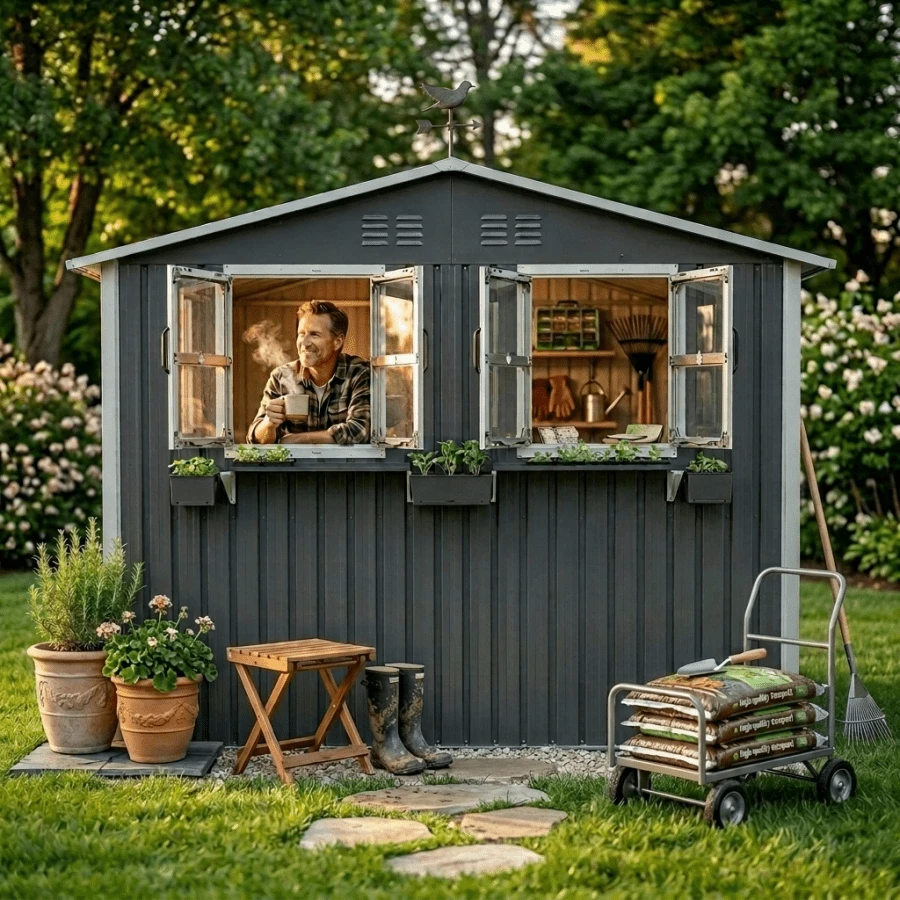 6x9 FT Outdoor Metal Storage Shed With Window And Flower Rack, Lockable Double Doors Tool Shed, Waterproof Weatherproof Garden Shed For Backyard Patio, Coal Gray - Coal Gray + Metal + Garden & Outdoor1 - View 1