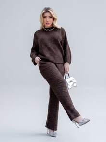 Women's Brown Cold Weather Set In Ribbed Mousse Knit Oversize Top And Pants | Fits 36 To 44 Textured Pattern Wool-Like Fabric Pocket Drawstring Women's Daily Fall/Winter Clothing - Rust Brown - View 1