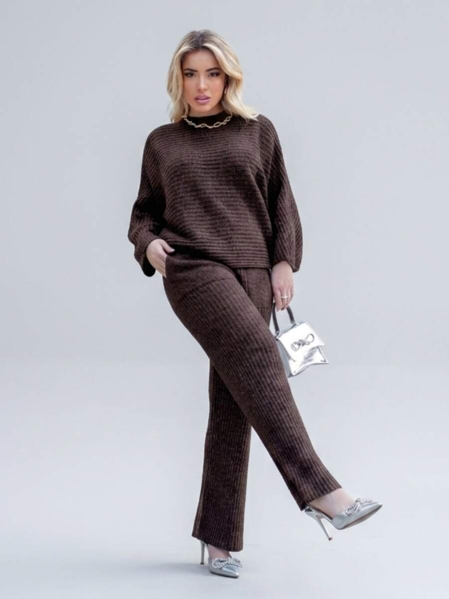 Women's Brown Cold Weather Set In Ribbed Mousse Knit Oversize Top And Pants | Fits 36 To 44 Textured Pattern Wool-Like Fabric Pocket Drawstring Women's Daily Fall/Winter Clothing - Rust Brown - View 1