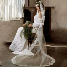1pc Cathedral Lace Bridal Veil Single Layer, Comb Waist Length, Suitable For Waltz Wedding Photography Wedding Registration Photo Accessory - Milky White - View 4