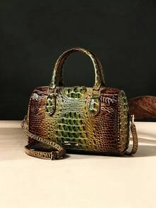 Gradient Crocodile Pattern Boston Handbag For Women, High-End Large Capacity Pillow Bag, Vintage Versatile Shoulder Crossbody Commuter Tote Bag - Green - View 2
