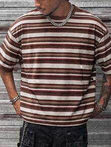 Camiseta casual de hombre FRACTYR de verano, corte boxy holgado, estilo callejero americano high street, con estampado de letras y rayas, cuello redondo, cómoda y transpirable para uso en exteriores - Marrón - Ver 5