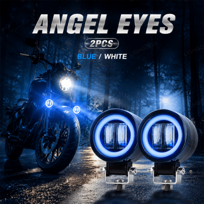 Un par de kits de iluminación tipo ojo de ángel redondos específicos para motocicletas, con 3 modos de efectos de iluminación, fácil instalación, instalación con cableado directo de 12V-24V, alta visibilidad y efectos amarillo-blanco/azul-blanco.