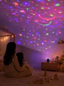 1pc [Starry Sky Projector Light] Black Star & Moon Pattern Projection Night Light, Colorful Star & Moon Wall & Ceiling Light Effect | Suitable For Bedroom, Bedside, Dorm, Room Decoration - Multicolor - View 6