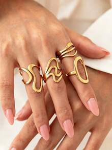 4pcs Fashionable Personalized Geometric Stainless Steel 18K Gold Plated Oil Pressed Ring Set, Suitable For Women's Daily Wear Or Party - Ring Set - View 3