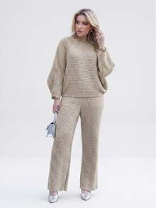 Women's Cold Weather Set In Ribbed Mousse Knit - Oversized Blouse And Pants | Fits Sizes 36 To 44 | Textured Pattern | Wool-Like Fabric | Drawstring Pocket | Women's Clothing | Daily Wear | Autumn/Winter - Flax Papyrus - View 1