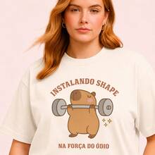 Women's Plus Size Plain Crew Neck T-Shirt, , Oversized, Funny Capybara Meme, Gym Top - 米白色 - 查看 2