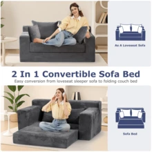 Convertible Sofa Bed, Loveseat Folding Floor Futon Sleeper Sofa Couch Bed- Full Size Boneless Foldable Couch, Corduroy Pull Out Sofa Bed With 2 Pillows For Living Room & Bedroom - 灰色 - 查看 2