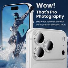 CASECOPS 銀色相機螢幕鋼化玻璃保護貼，相容 iPhone 17 Pro Max/17 Pro，9H 硬度，霧面金屬質感，超薄玻璃，附水鑽裝飾，防刮耐磨，易於安裝，防眩光，3D 立體，全螢幕相機保護，相容手機殼 - 銀色 - 查看 3